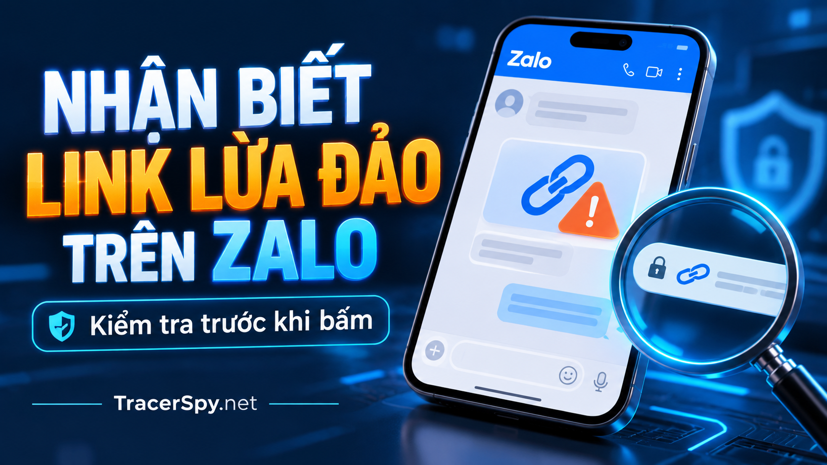 Nhận biết link lừa đảo trên Zalo: 7 bước kiểm tra, Minh họa nhận biết link lừa đảo trên Zalo với điện thoại, đường dẫn đáng ngờ, biểu tượng cảnh báo và kính lúp kiểm tra.
