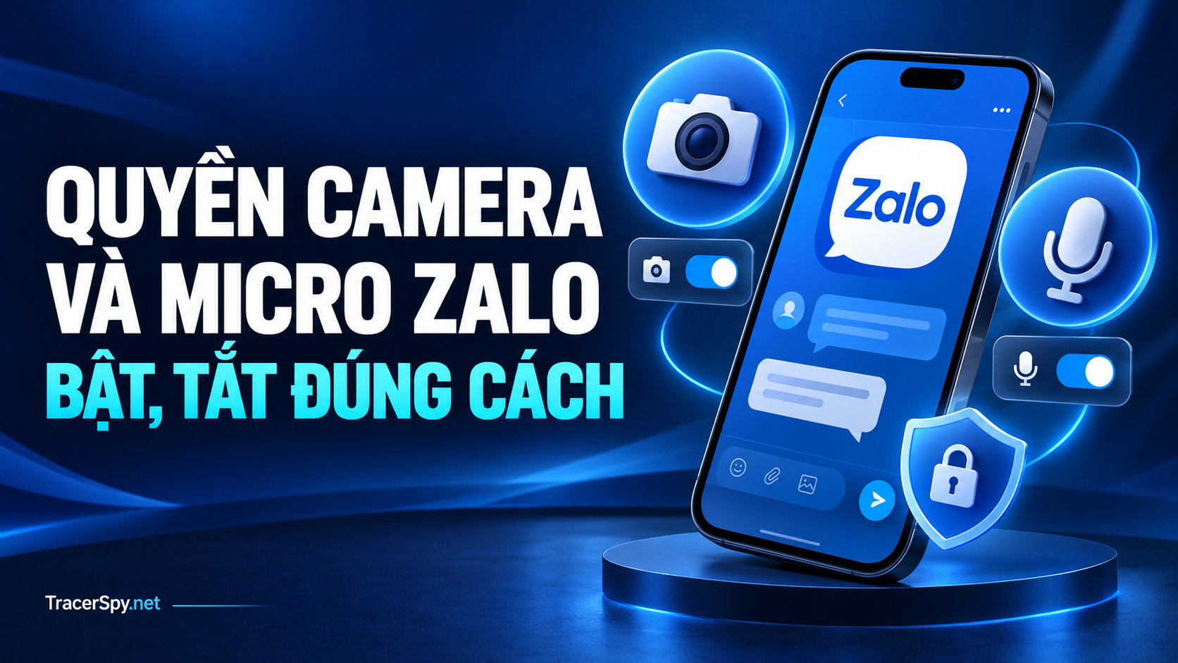 Quyền camera và micro Zalo: Cách cấp quyền phù hợp. Ảnh đại diện quyền camera và micro Zalo với điện thoại, biểu tượng máy ảnh, micrô và công tắc cấp quyền trên nền xanh đậm.