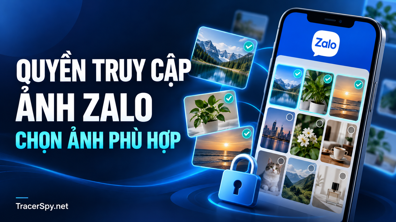 Quyền truy cập ảnh Zalo, cấp quyền ảnh cho Zalo. Điện thoại Zalo hiển thị một số ảnh được chọn, kèm biểu tượng khóa trên nền xanh đậm.