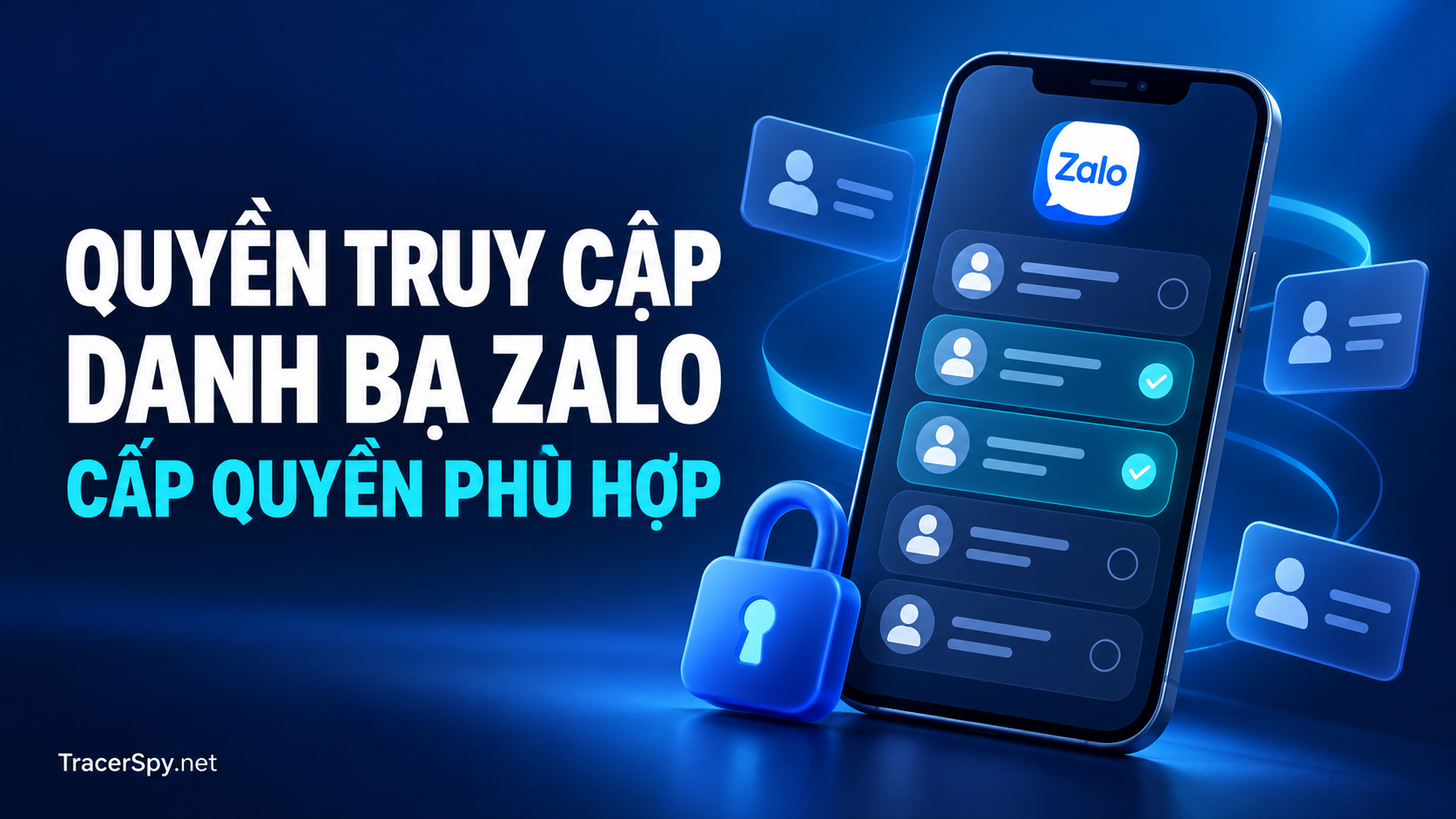 Quyền truy cập danh bạ Zalo. Điện thoại Zalo hiển thị các liên hệ được chọn, kèm thẻ danh bạ và biểu tượng khóa trên nền xanh đậm.