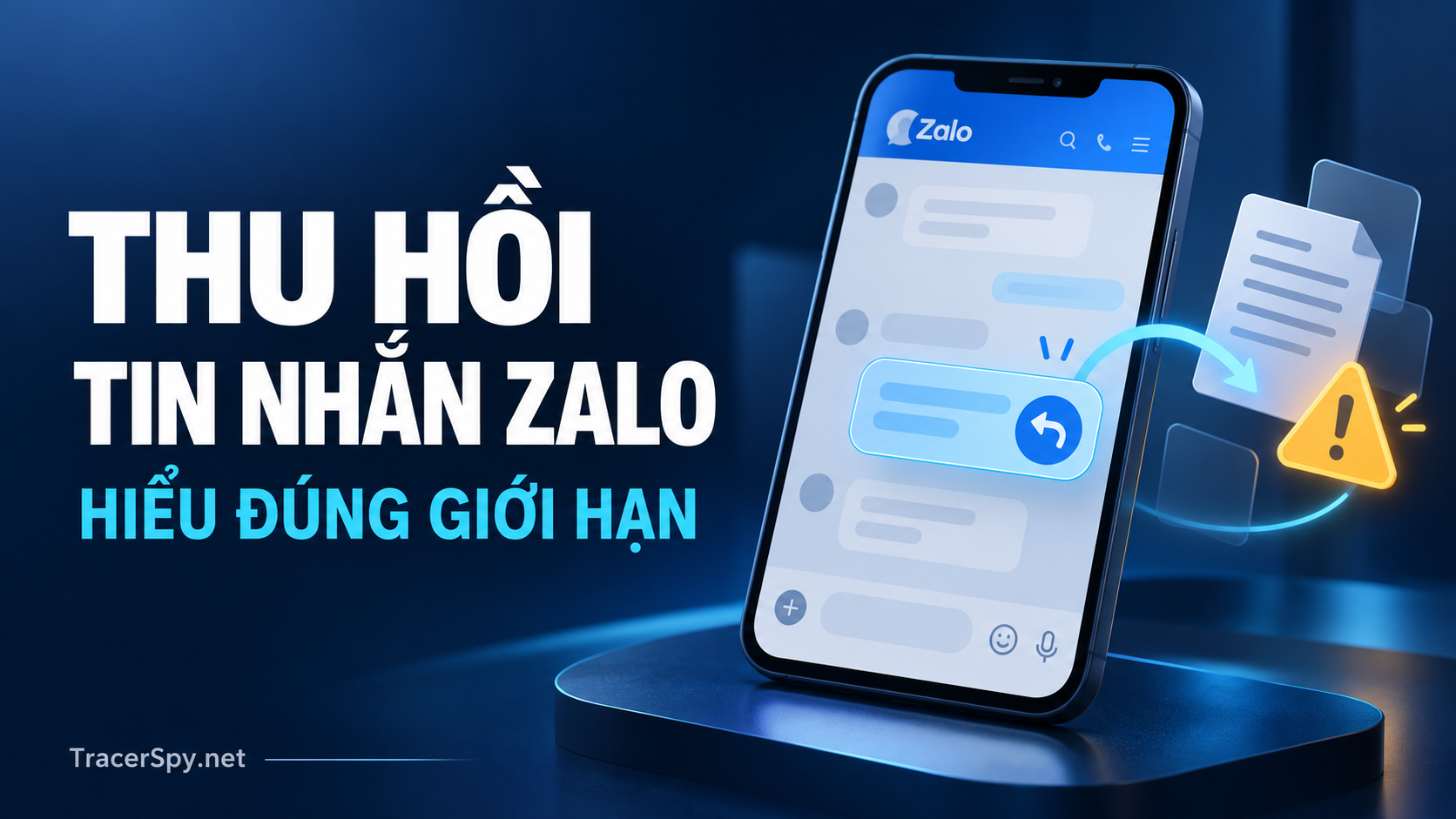Thu hồi tin nhắn Zalo được minh họa bằng điện thoại, biểu tượng thu hồi và tài liệu có dấu cảnh báo trên nền xanh đậm.