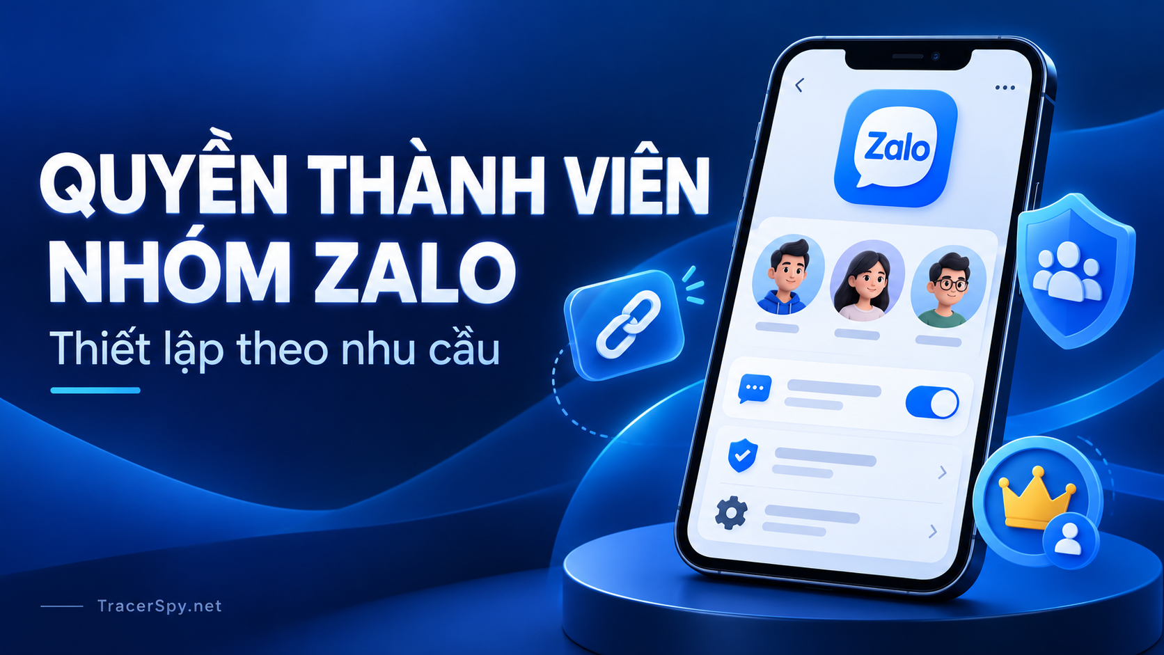 Quyền thành viên nhóm Zalo được minh họa bằng điện thoại, biểu tượng quản trị, liên kết mời và công tắc nhắn tin trên nền xanh đậm.