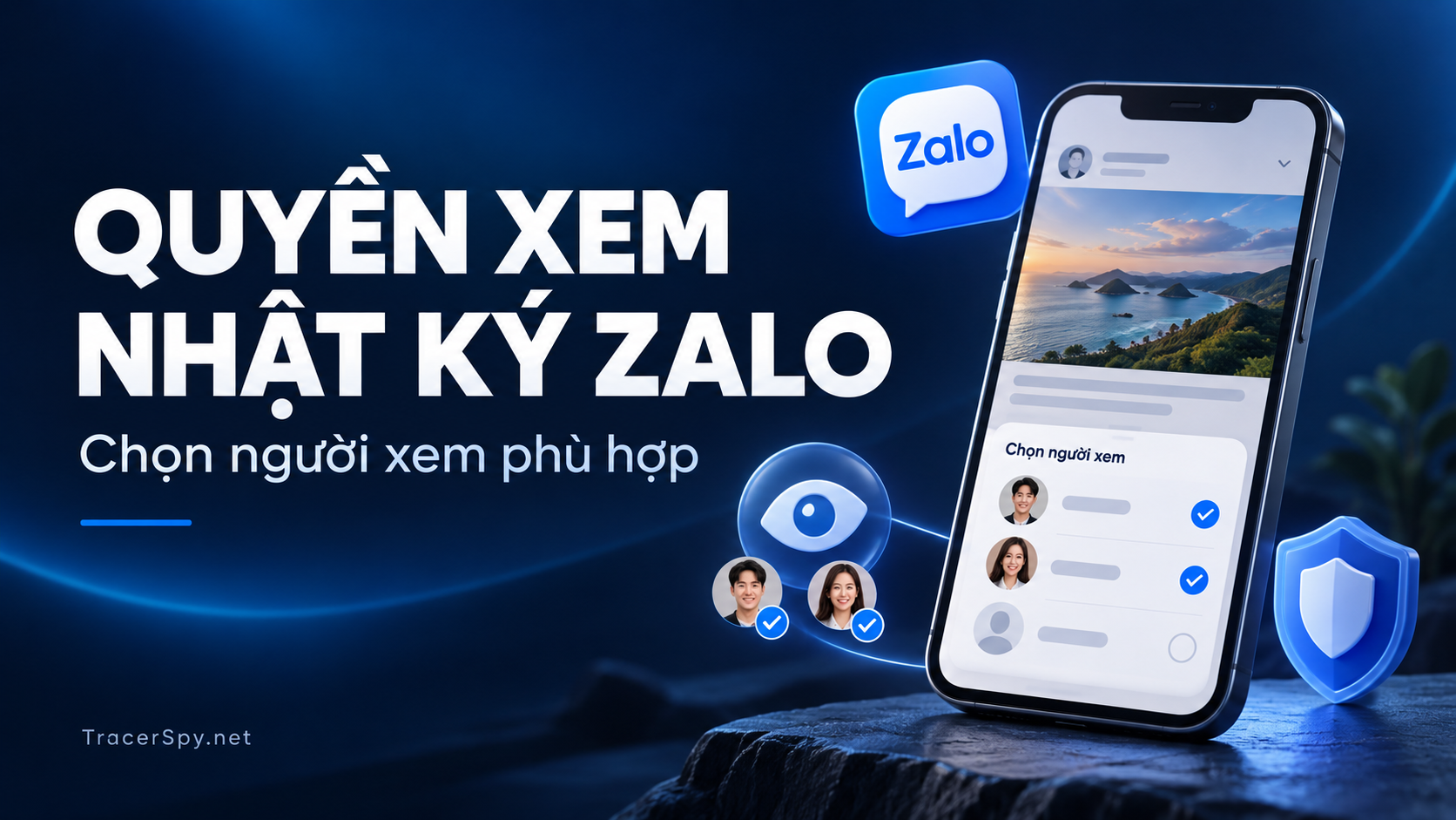 Quyền xem nhật ký Zalo được minh họa bằng điện thoại có danh sách lựa chọn người xem, biểu tượng con mắt và lá chắn trên nền xanh đậm.