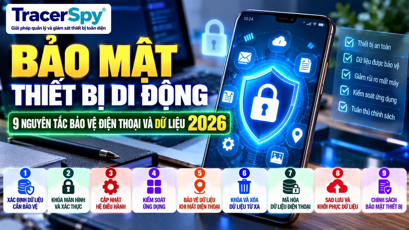 Bảo vệ dữ liệu điện thoại bằng bảo mật thiết bị di động, mã hóa dữ liệu, kiểm soát ứng dụng, khóa và xóa dữ liệu từ xa năm 2026