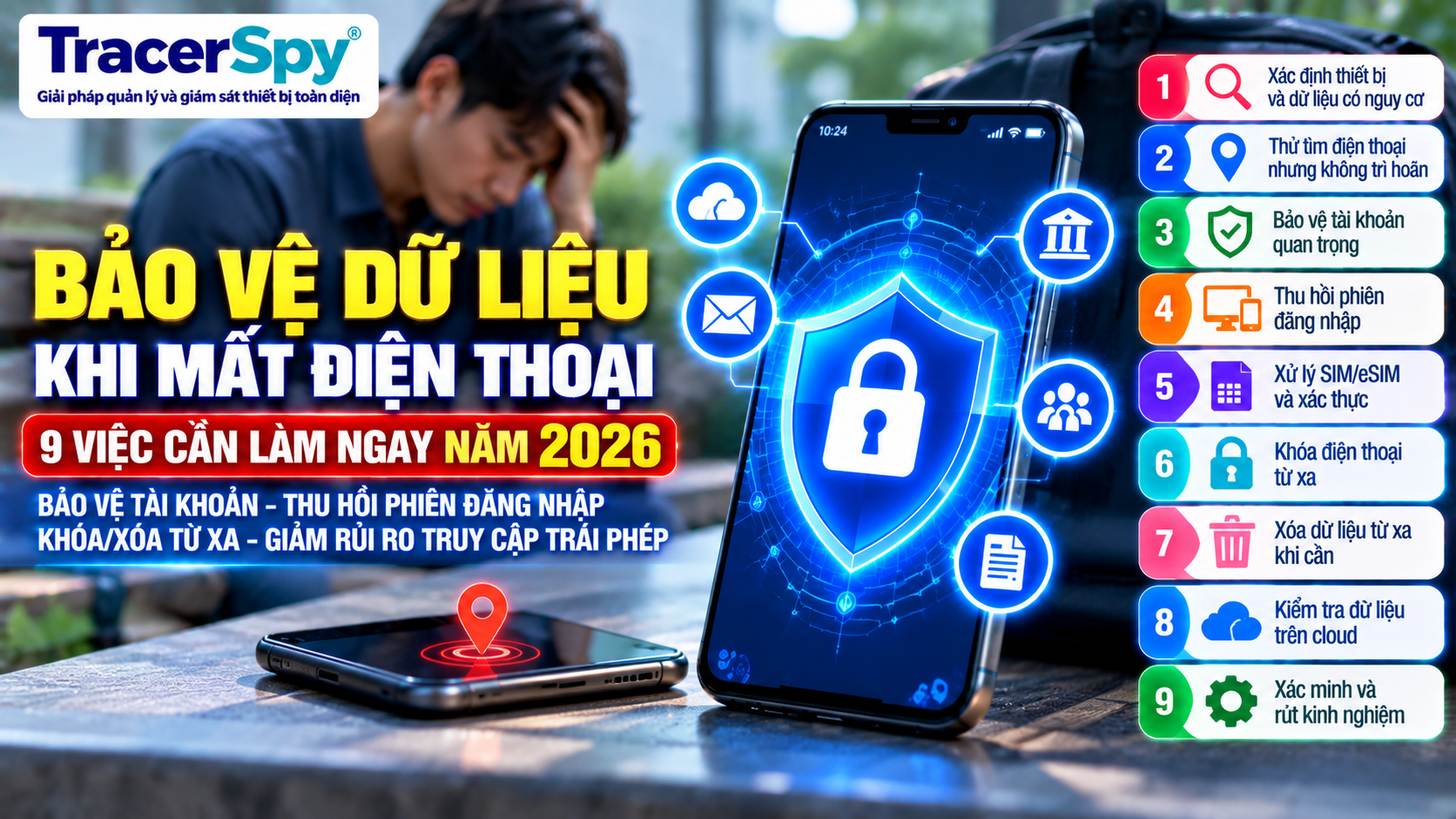 Bảo vệ tài khoản khi mất điện thoại bằng thu hồi phiên đăng nhập, xử lý SIM eSIM, khóa điện thoại từ xa và xóa dữ liệu khi cần