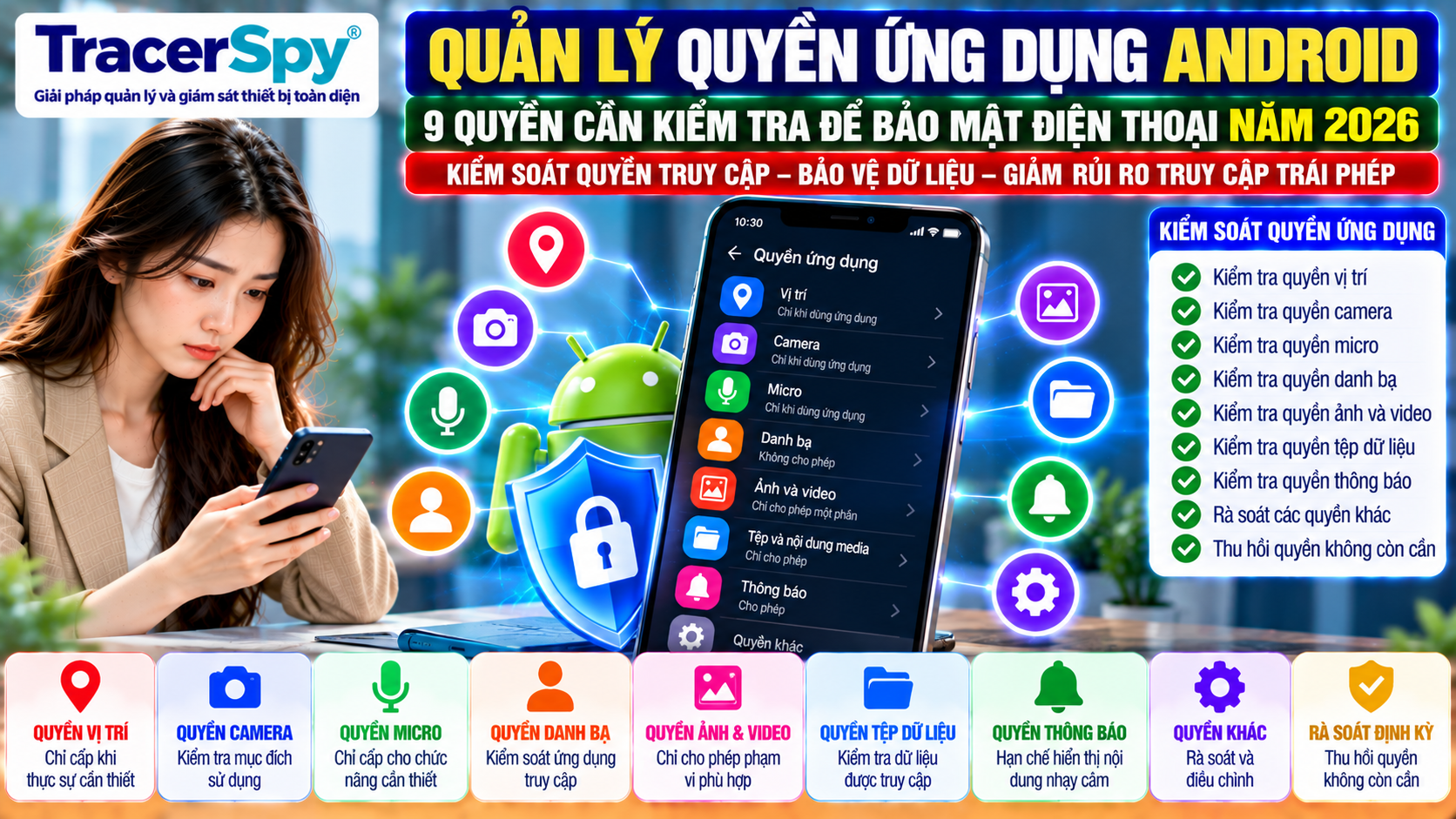 Kiểm tra quyền ứng dụng Android gồm vị trí, camera, micro, danh bạ, ảnh, tệp và thông báo để kiểm soát quyền truy cập và bảo vệ dữ liệu