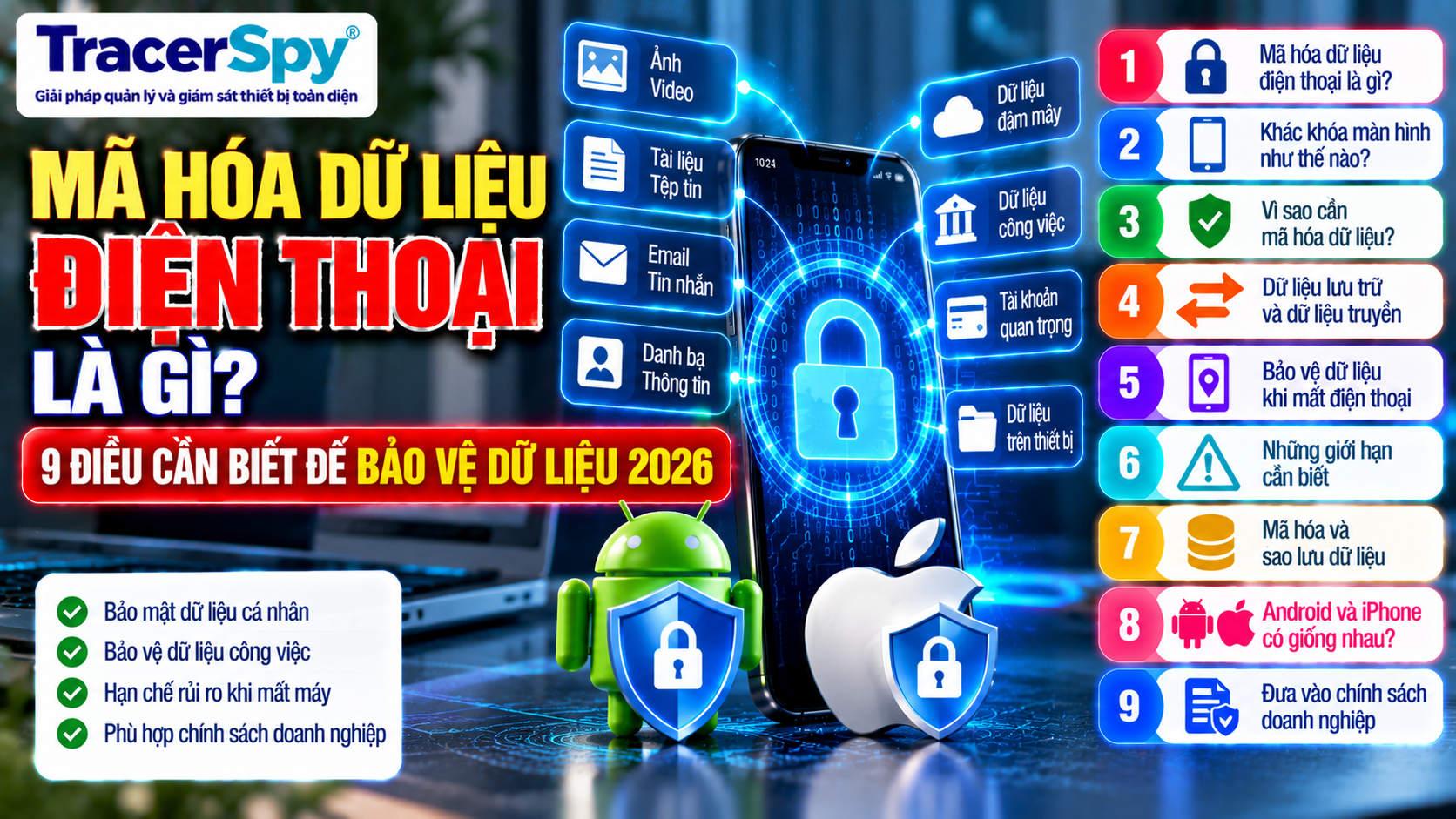 Bảo mật dữ liệu điện thoại bằng mã hóa thiết bị, bảo vệ dữ liệu cá nhân, dữ liệu công việc và giảm rủi ro khi mất điện thoại