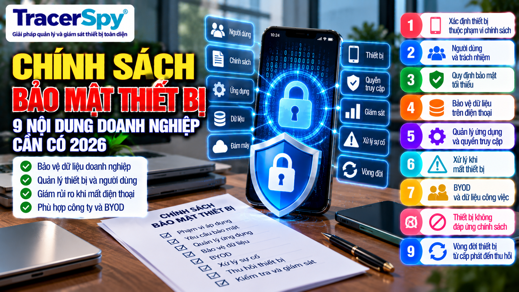 Bảo mật thiết bị doanh nghiệp giúp bảo vệ dữ liệu điện thoại, quản lý ứng dụng, quyền truy cập, BYOD và xử lý thiết bị không đáp ứng chính sách
