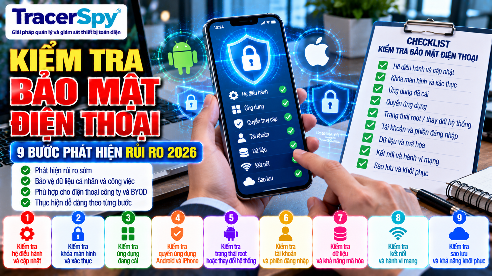 Kiểm tra an toàn điện thoại Android và iPhone qua hệ điều hành, ứng dụng, quyền truy cập, tài khoản, dữ liệu, kết nối và sao lưu