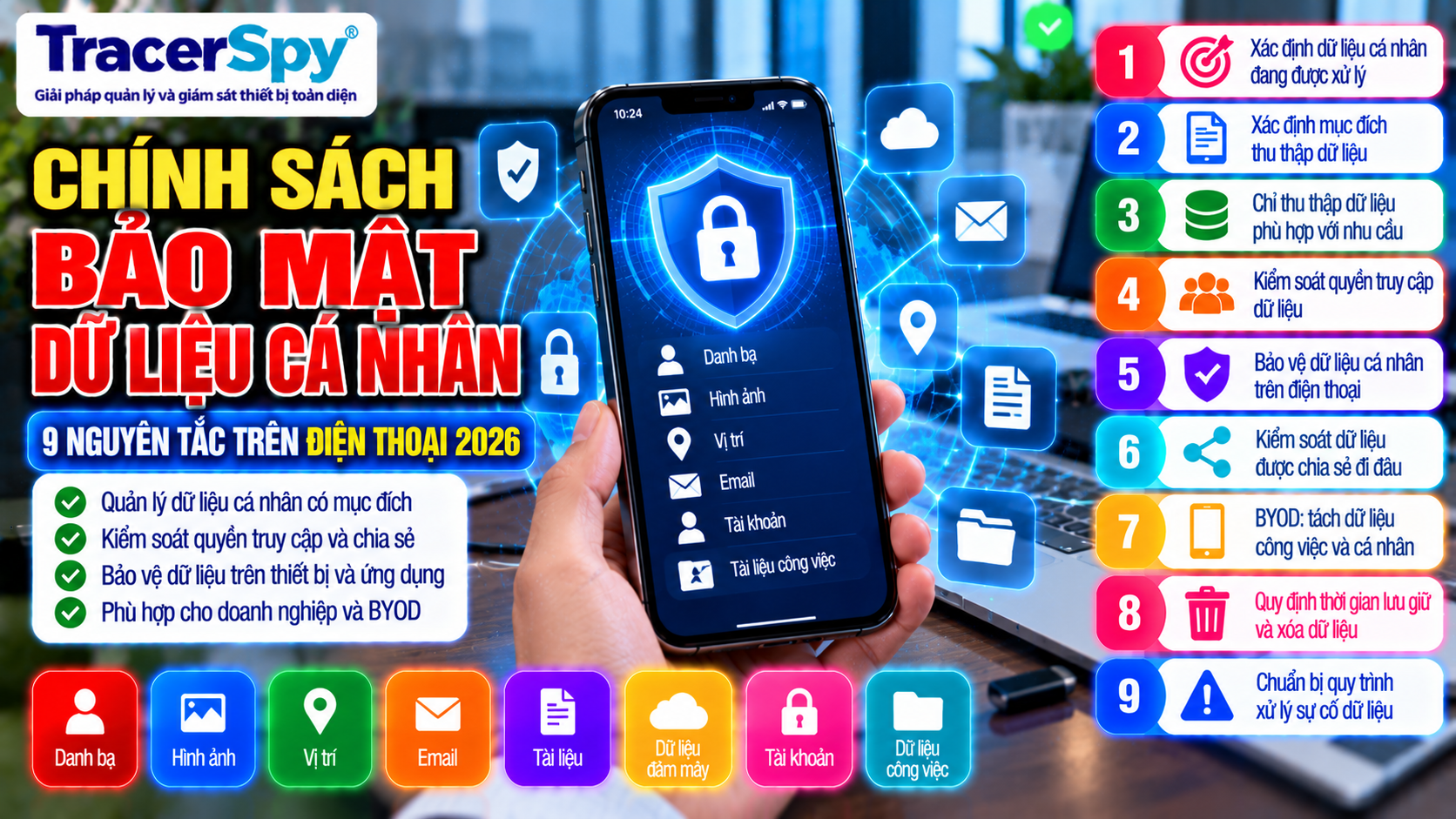 Bảo vệ dữ liệu cá nhân trên điện thoại bằng kiểm soát quyền truy cập, chia sẻ dữ liệu, BYOD, lưu giữ và xử lý dữ liệu an toàn