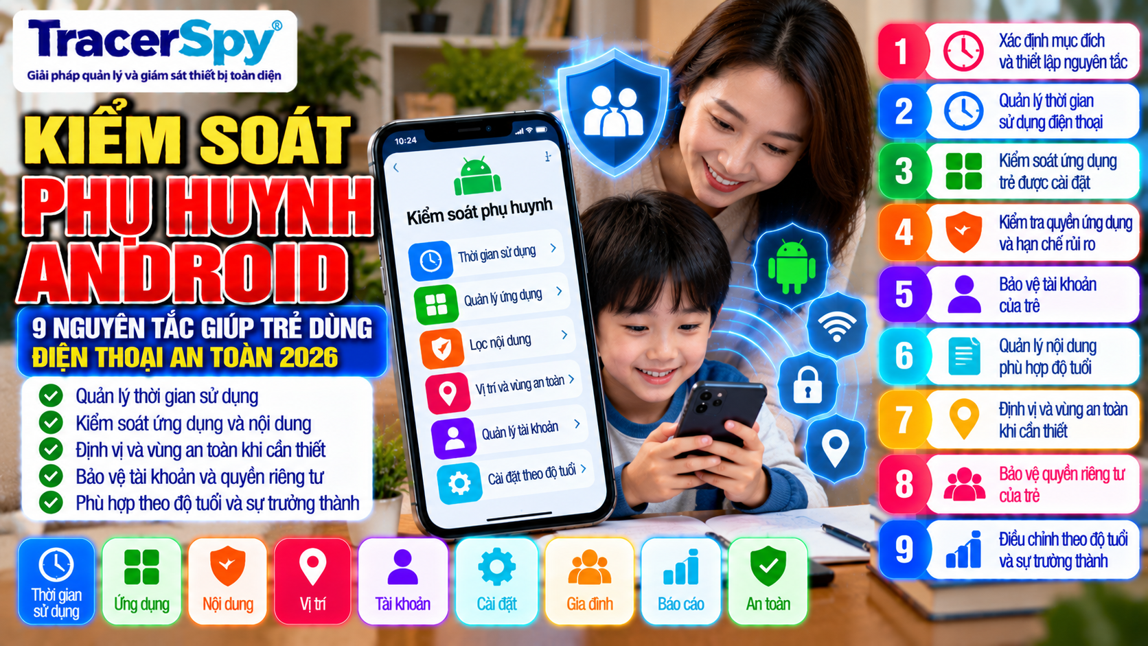 Quản lý điện thoại trẻ em bằng kiểm soát phụ huynh Android, giới hạn thời gian sử dụng, ứng dụng, nội dung, vị trí và bảo vệ quyền riêng tư