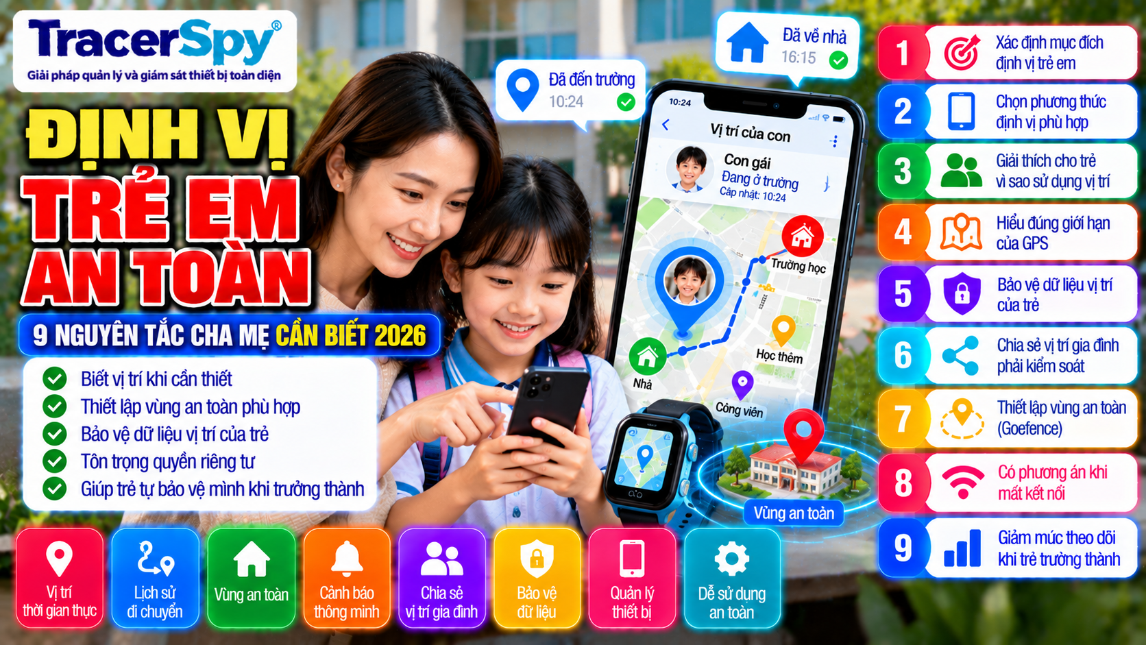Theo dõi vị trí trẻ em an toàn bằng GPS, vùng an toàn và chia sẻ vị trí gia đình, đồng thời bảo vệ dữ liệu vị trí và quyền riêng tư của trẻ