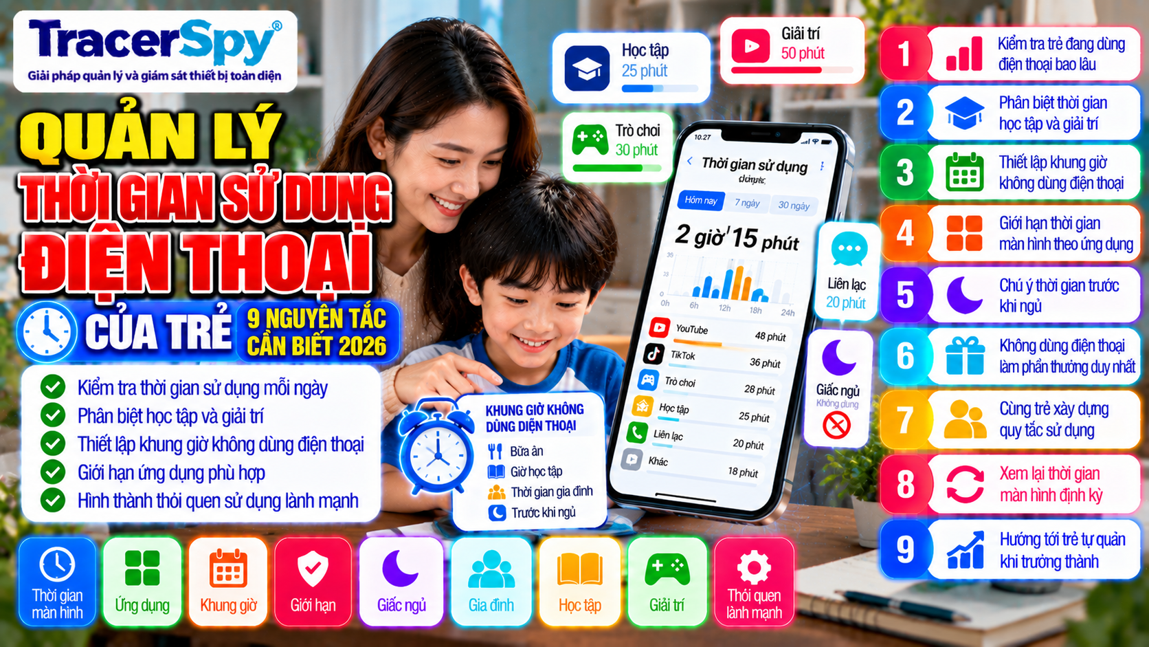 Giới hạn thời gian màn hình và quản lý thời gian sử dụng điện thoại của trẻ theo ứng dụng, khung giờ, học tập, giải trí và giấc ngủ