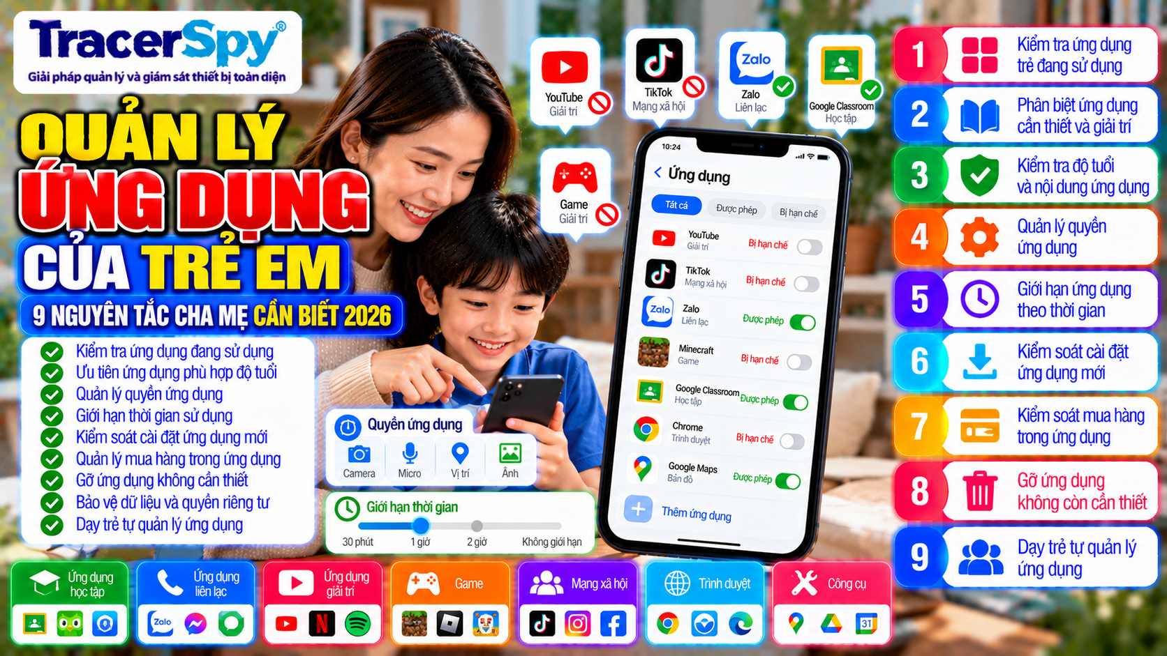 Kiểm soát ứng dụng trẻ em với quản lý quyền ứng dụng, giới hạn thời gian, cài đặt ứng dụng mới và lựa chọn nội dung phù hợp độ tuổi