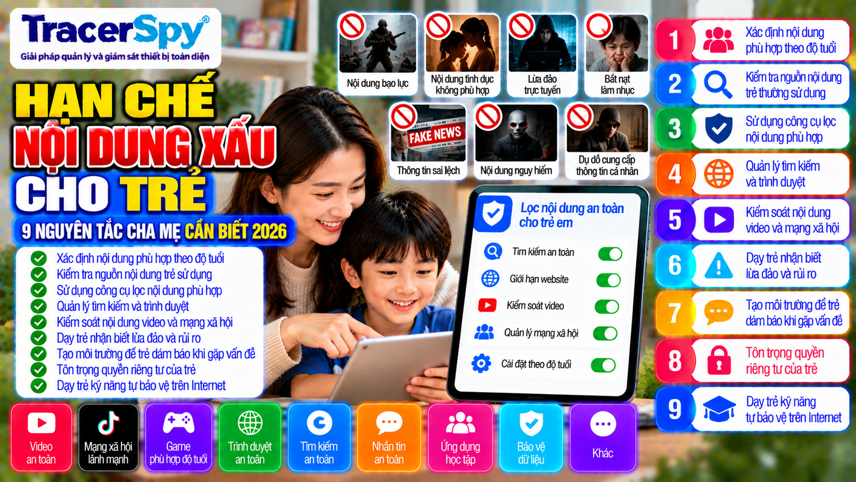 Bảo vệ trẻ khỏi nội dung xấu bằng lọc nội dung cho trẻ em, tìm kiếm an toàn, kiểm soát video, mạng xã hội và bảo vệ thông tin cá nhân
