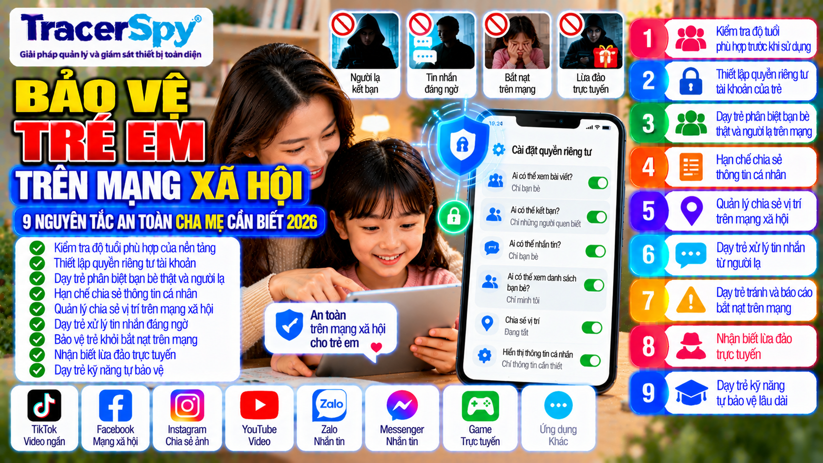 An toàn mạng xã hội cho trẻ em với quyền riêng tư, bảo vệ thông tin cá nhân, quản lý người lạ, tin nhắn, vị trí và lừa đảo trực tuyến