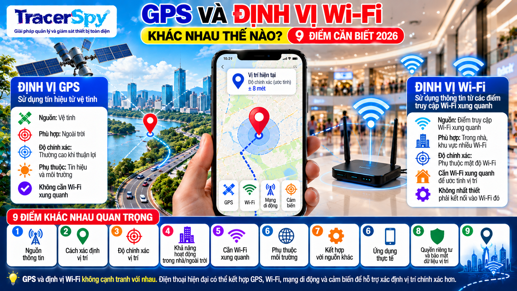 Định vị bằng Wi-Fi và GPS trên điện thoại giúp xác định vị trí trong nhà và ngoài trời, kết hợp mạng di động, cảm biến và dịch vụ vị trí