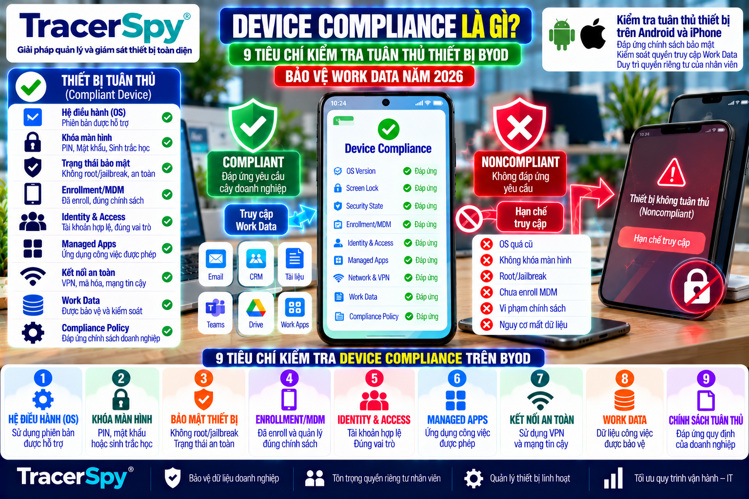 Device Compliance trên BYOD giúp kiểm tra thiết bị tuân thủ, thực thi chính sách bảo mật và kiểm soát quyền truy cập Work Data bằng MDM